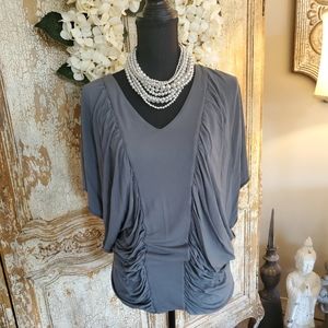 New York & Company Gray Side Rusched, Dolman Sleeve Top. XL